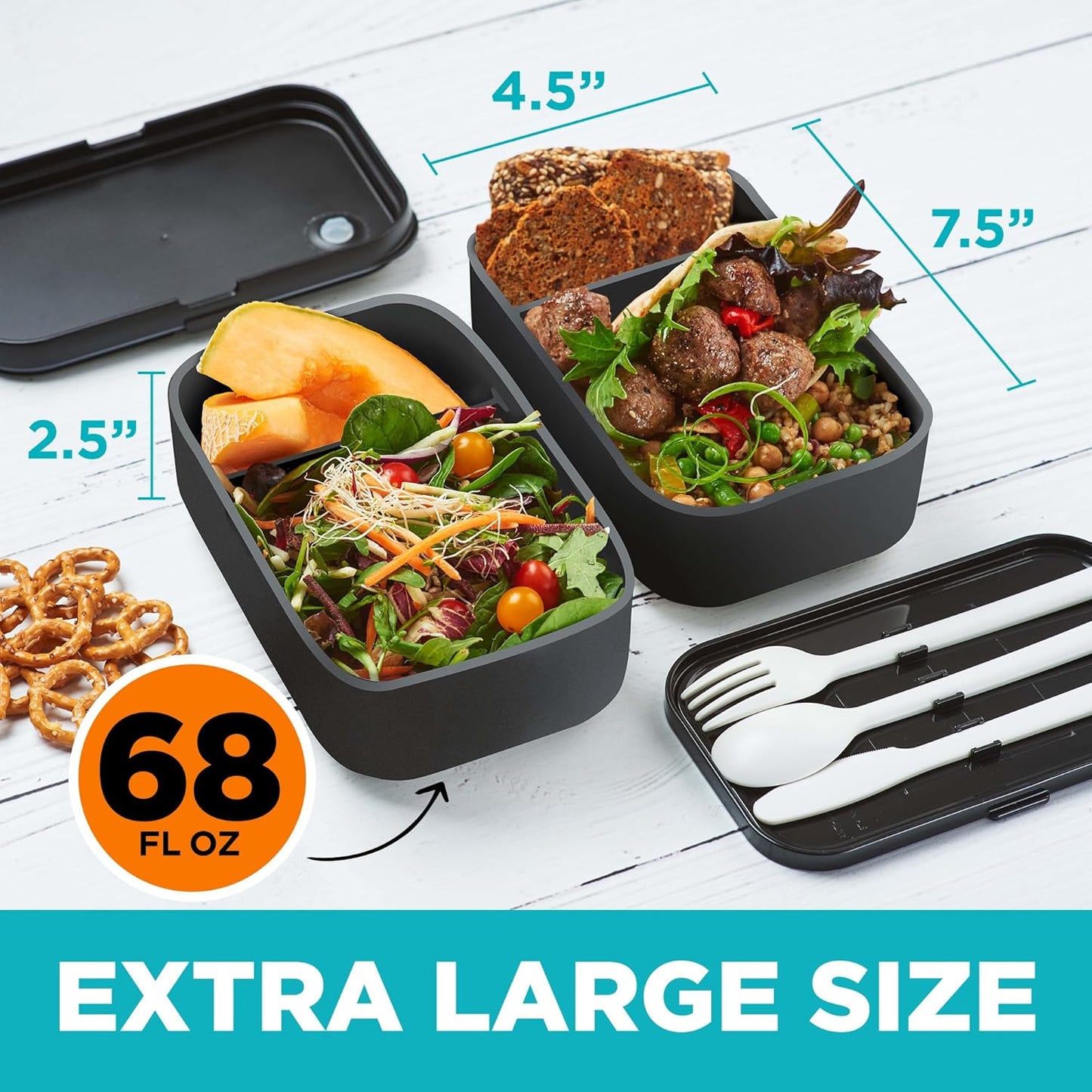 Double Premium Bento Box Adult, 67 fl oz BPA-Free - Black Stackable Lunch Box with Leak-Proof Lids & Dividers, Perfect for Meal Prep, Lunches & Portion Control