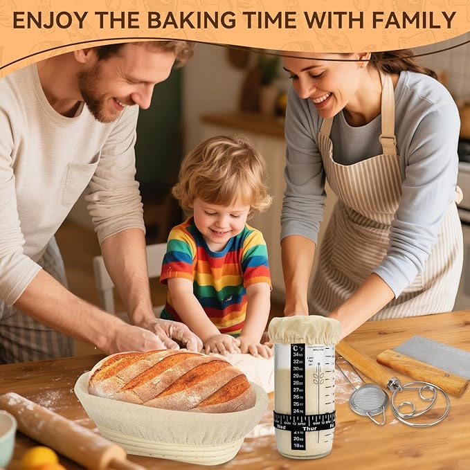 Sourdough Starter Kit, Banneton Bread Proofing Basket, Sourdough Bread Baking Supplies-Sourdough Starter Jar& 9" Round & 10" Oval & 17" Baguette Sourdough Proofing Basket, Sourdough Banneton Bowls