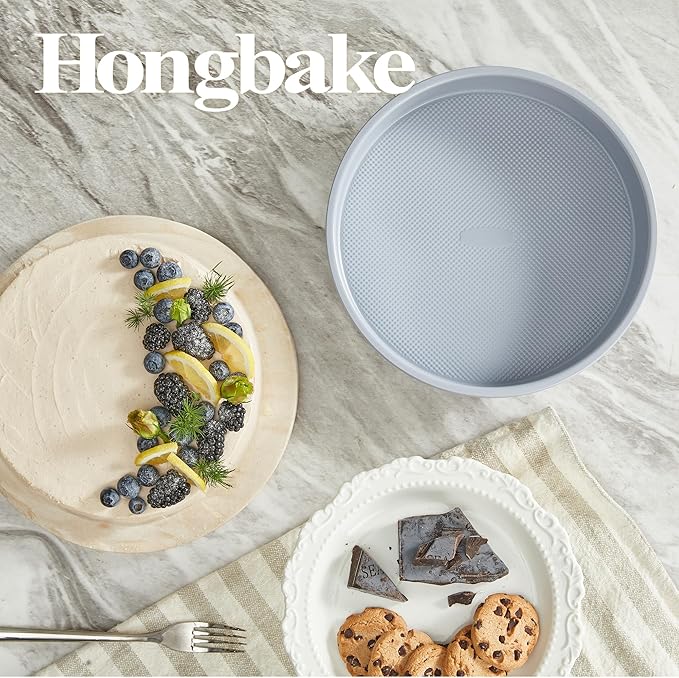 HONGBAKE 9 Inch Round Cake Pan Set of 2, Nonstick Ceramic Coating Cake Molds with Diamond Texture, Aluminized Steel Cake Pans Sets for Baking & Cheesecake, Heavy Duty & Non-Toxic (Gray, 2PCS)