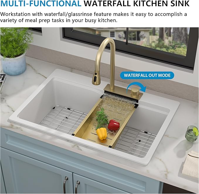 33"x22" Waterfall Kitchen Sink Workstation - White Granite Composite Quartz Classic Drop In Topmount Single Bowl Multifunction Smart Waterfall Sink with Faucet Combo & Glass Rinser