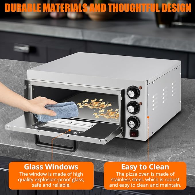 1800W Countertop Electric Pizza Oven,Stainless Steel Pizza Oven Maker with Timer & Removable Tray for Home, Kitchen & Restaurant, Silver