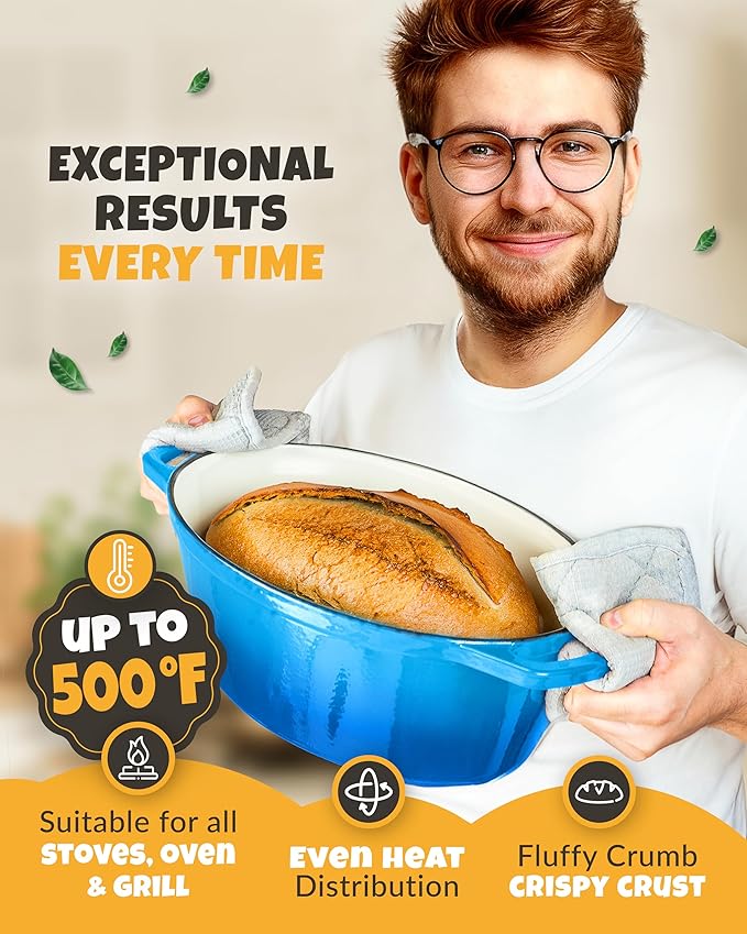 Dutch Oven for Bread Baking - incl. Sourdough Bread-Baking Supplies like Banneton Bread-Proofing Basket - 6.75QT Enameled Oval Cast Iron Bread-Oven with Lid, Baking Pan, Scoring Tool, Lame