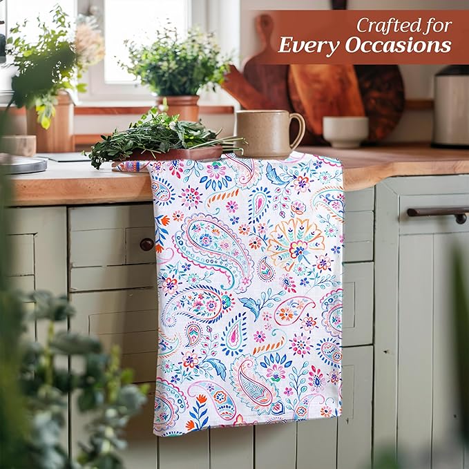 Maison d' Hermine Kitchen Towels Set of 3 100% Cotton 27.50" x 20" Reusable Cloth Tea Dish Towels Absorbent with Hanging Loop for Kitchen, Home, Dining, Cocktail Parties Spring/Summer (Indian Floral)