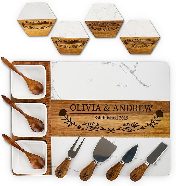 AWESOMETIK Luxury Personalized Acacia Wood & Marble Cheese Board – Custom Engraved Charcuterie Board with Knife Set – Bridal Shower & Housewarming Gift