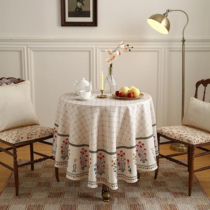 Floral Tablecloth for Round Tables,Linen Table Cloth with Colorful Flowers Pattern,Heavy Durable Table Cover for Dining Thanksgiving Kitchen Decor Party Christmas,Diameter 67"