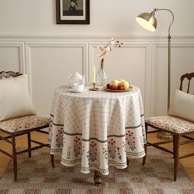 Floral Tablecloth for Round Tables,Linen Table Cloth with Colorful Flowers Pattern,Heavy Durable Table Cover for Dining Thanksgiving Kitchen Decor Party Christmas,Diameter 55"