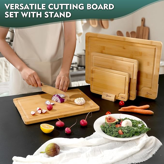 Bamboo Cutting Board Natural Bamboo Set With Smooth Surface 4 Packs with Non Slip Feet Holder and Over Sink Solid Thick Durable Wood Charcuterie Serving Tray Vegetables Fruits Kitchen Gifts (Natural)