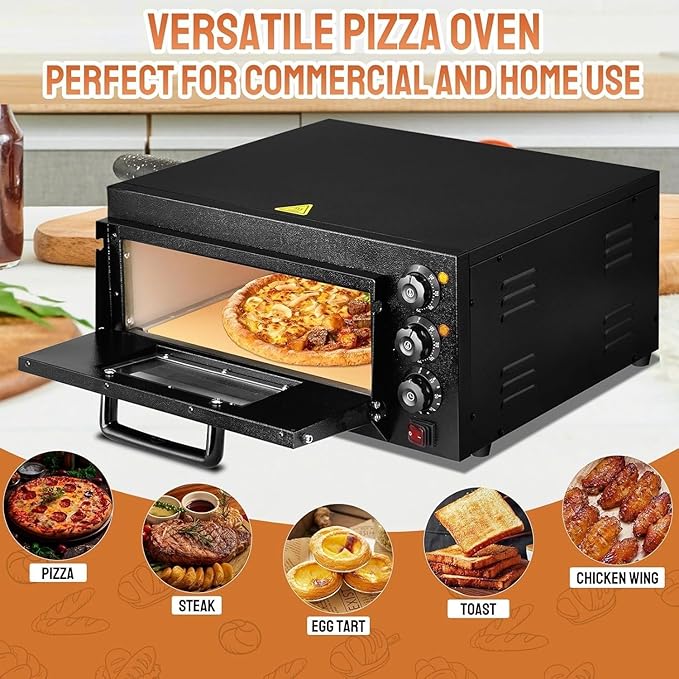 ROVSUN Electric Pizza Oven, 110V 1800W Stainless Steel Pizza Baker with Auto Shut-off, Handle, Removable Crumb Tray, Countertop Pizza Maker for Kitchen Commercial Home-Black