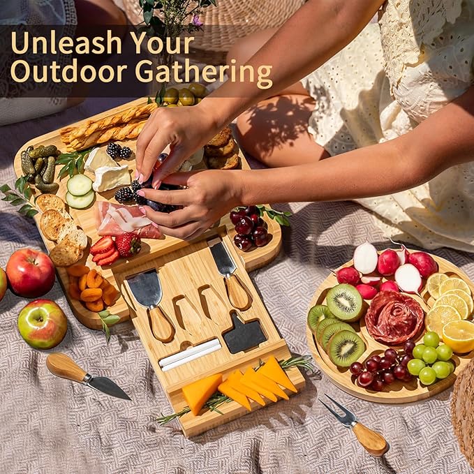 YZS Bamboo Charcuterie Boards Set -Unique Cheese Board with Accessories - Perfect for Housewarming, Weddings, Bridal Showers, Birthday Gifts, Mother's Day Gift, Parties, Eco-Friendly & Elegant Design