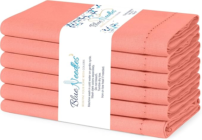 Blue Needles Set of 6 Hemstitch Linen Napkins 100% Cotton Salmon Cloth Dinner Napkins 18x18 inches, Soft, Reusable, Absorbent, Washable, Ideal for Fall Thanksgiving Events, Parties & Everyday Use