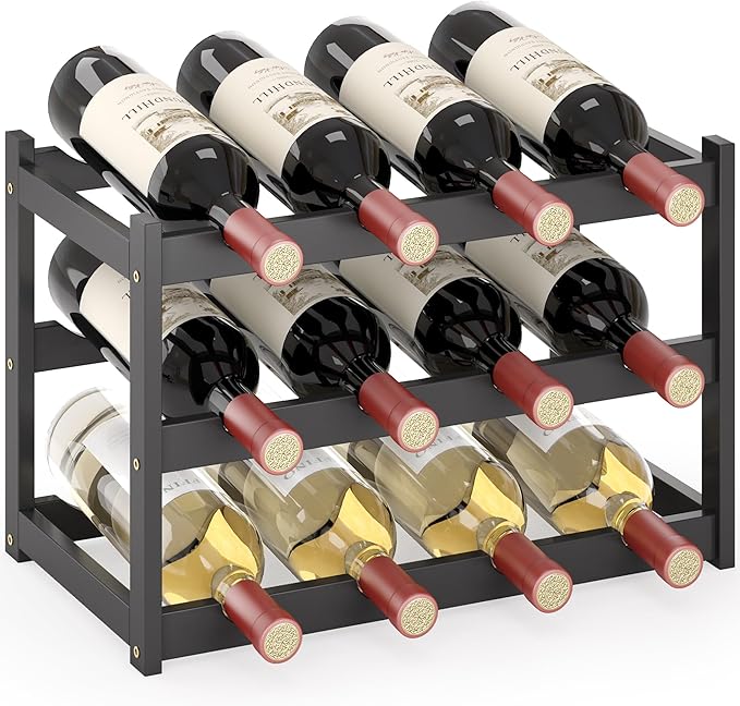 Wine Rack Countertop for 12 Wine Bottles and 4 Glass Holder, Small Bamboo Free Standing Racks Tabletop Display, Wooden Wine Storage Organizer for Cabinet Pantry Kitchen Bar Home Dining Room (Black)