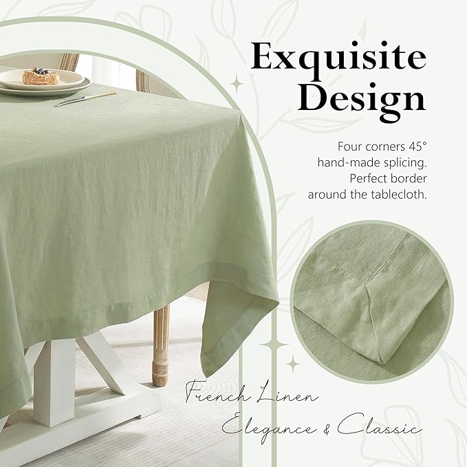 Linen World Linen Tablecloth, 100% French Linen Sage Tablecloth 90" x 60" Inch, Washable Rectangular Tablecloth for Dining, Outdoor, Weddings and Restaurants, Decorative Valentine Easter
