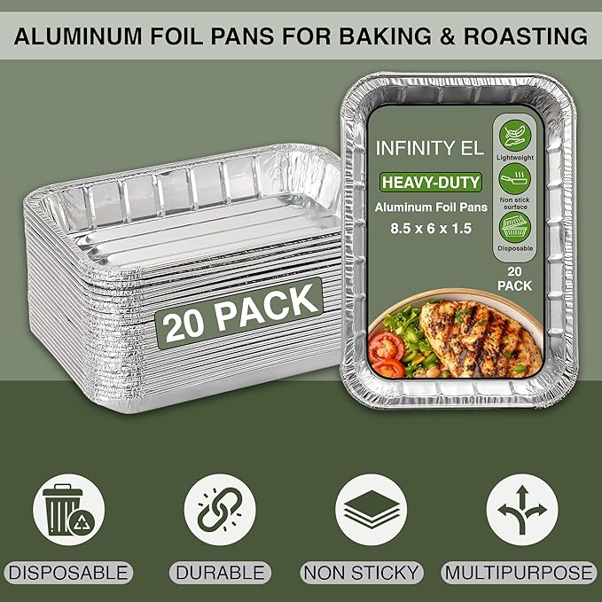 INFINITY EL Disposable Aluminum Foil Pans 20 Pack | Mini Shallow 8.5"x 6"x1.5" Broiler Pans, Heavy Duty Foil Pan | Aluminum Baking Pans for Roasting Turkey, Lasagna, Thanksgiving, Christmas, Party