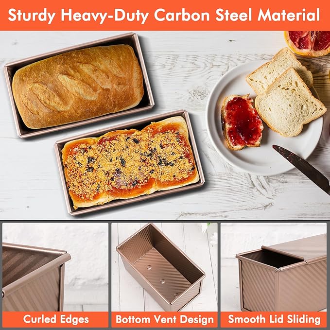 Beasea Pullman Loaf Pan with Lid, 2 Pack 1 lb Non-Stick Bread Loaf Pans Carbon Steel Bread Toast Box with Cover for Homemade Bakeware Bread Toast Oven Baking - Rose Gold