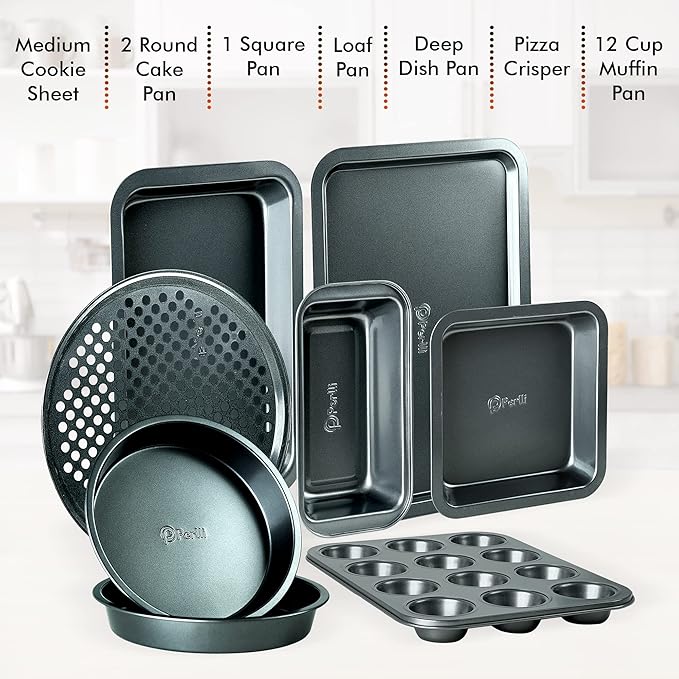 Perlli Baking Pan 8 Piece Set Nonstick Carbon Steel Gray Oven Safe Bakeware Kitchen Set, Cookie Sheet, 2 Round Cake Pans, Square Pan, Loaf Pan, Deep Dish Pan, Pizza Crisper, & 12 Cup Muffin Pan