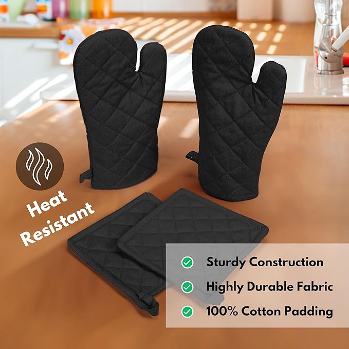 Native Fab Pot Holders and Oven Mitts Sets for Kitchen Heat Resistant - Hanging Non-Slip - 100% Cotton Kitchen Oven Mitts and Pot Holders 4-Piece Set - Black