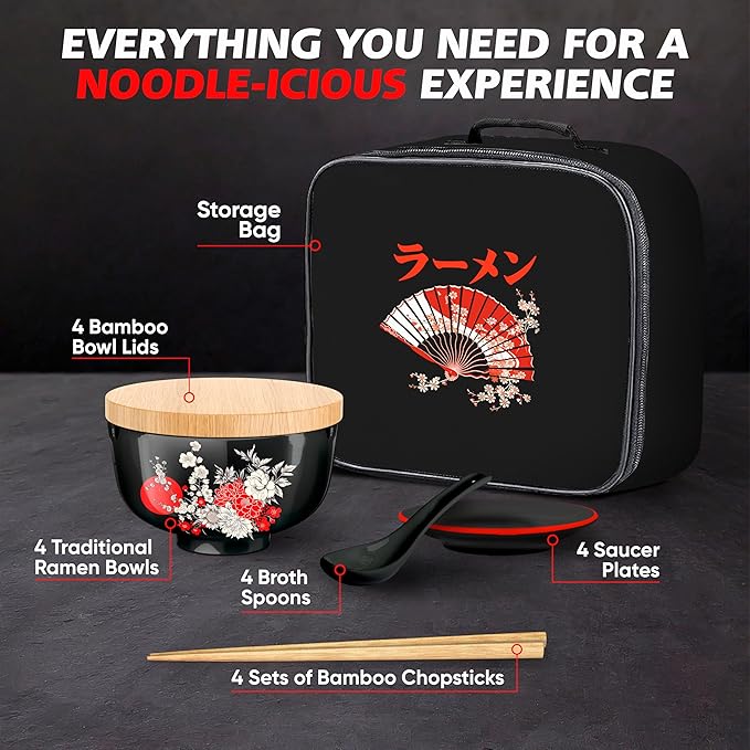 Japanese Ramen Bowl Set of 4-20 Pcs, 32 Oz Ceramic Microwaveable & Dishwasher Safe Large Noodle Bowls with Lid & Built-In Chopstick Holder, Pho, Udon, Thai, Korean, Rice - 6.5 Inch