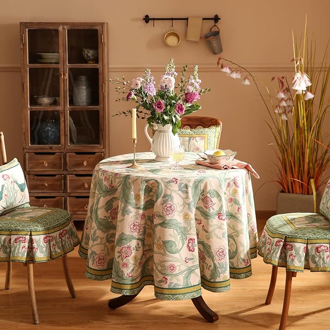 patdrea Designer Green Tablecloth for Round Tables,Vintage Linen with Leaves and Flowers Pattern Tablecloths,Farmhouse Floral Table Cover Cloth Decor for Kitchen Dining Christmas,Diameter 67"