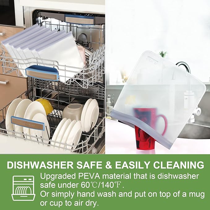 SPLF 12 Pack Dishwasher Safe Reusable Storage Bags(5 Reusable Sandwich 5 Snack 2 Gallon), Extra Thick Freezer Bags Leakproof Silicone and Plastic Free Food Lunch Bag