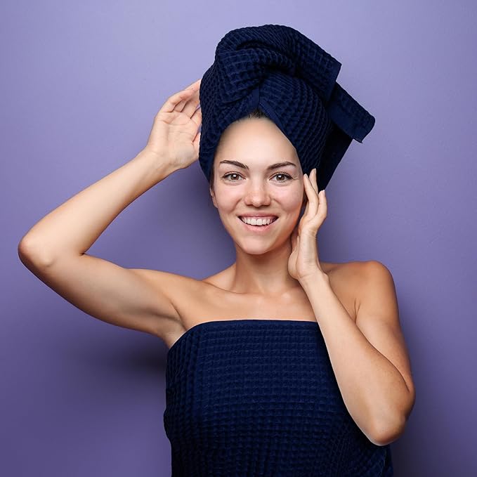 PÜSKÜL Organic Waffle Kitchen Towel 100% Turkish Cotton Set of 3 Navy Blue - Premium Quality, Soft, Quick-Dry, Absorbent, Lint-Free Hand Towels 32X16 Inches (3, Navy Blue)