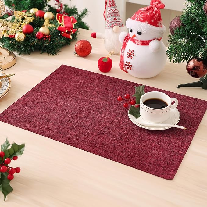 Homaxy Cloths Placemats for Dining Table Set of 6, Heat Resistant Washable Cotton Linen Blend Table Mats, Easy to Clean Place Mats for Indoor Outdoor Party Kitchen Decoration, 13" x 19", Red