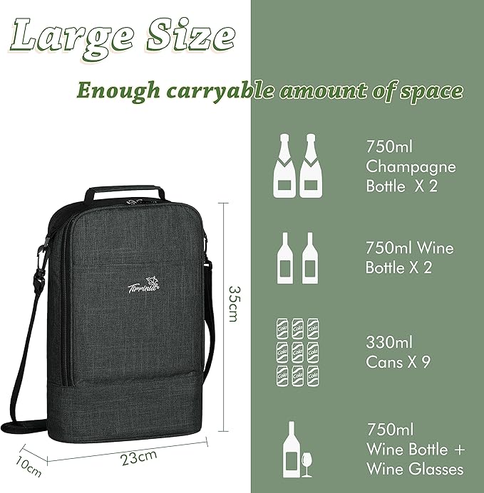 Tirrinia Insulated 2 Bottle Wine Gift Tote Bag - Tumbler Glass Cooler Carrier for BYOB Restaurants, Tasting, Travel, Park, Beach - Great Wine Lover Gift, Charcoal