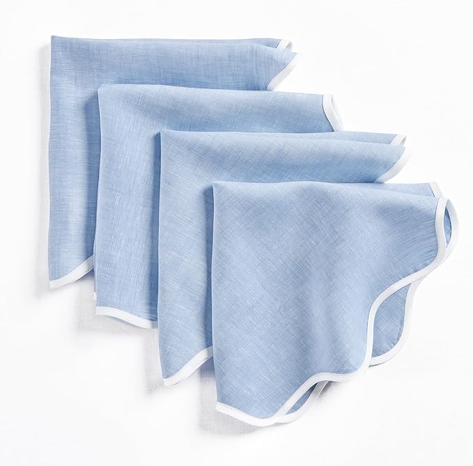 Solino Home Linen Scallop Cloth Napkins Set of 4-100% Pure Linen White and Chambray Blue Dinner Napkins 20 Inch for Christmas - Giselle Scallop Edge, Handcrafted and Machine Washable