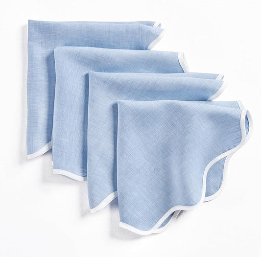 Solino Home Linen Scallop Cloth Napkins Set of 4-100% Pure Linen White and Chambray Blue Dinner Napkins 20 Inch for Christmas - Giselle Scallop Edge, Handcrafted and Machine Washable