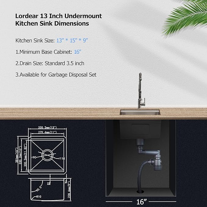 Lordear Undermount RV Kitchen Sink 13x15 Inch Bar Prep Sink 16 Gauge Stainless Steel Workstation Sink 13” With Cutting Board Small Kitchen Sink