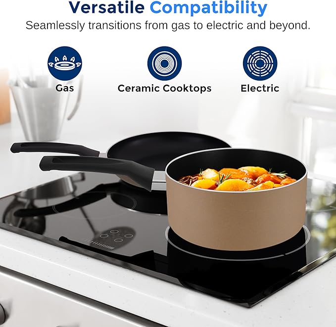 SereneLife Kitchenware Pots & Pans Basic Kitchen Cookware, Black Non-Stick Coating Inside, Heat Resistant Lacquer (11-Piece Set), One Size, Gold