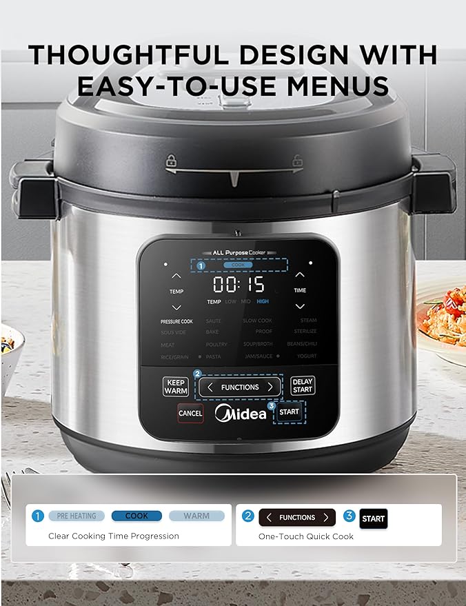 Midea 10-in-1 Electric Pressure Cooker with Slow Cooker, Steamer, Saute, Sous Vide, and Bake Modes, Stovetop & Oven Safe Stainless Steel Pot, 6 Quarts