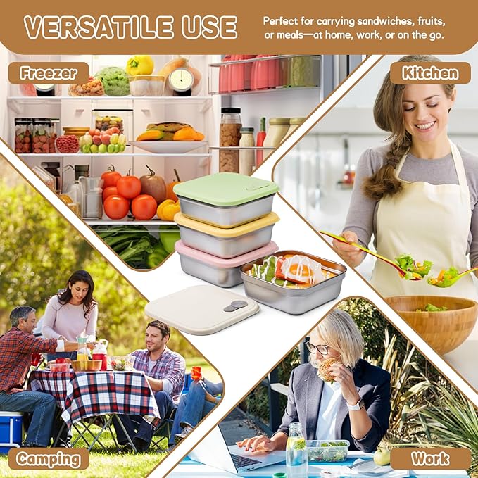 4 Pack Sandwich Containers, 20oz Stainless Steel Sandwich Box with Lids, Reusable Metal Meal Prep Lunch Boxes, BPA-Free, Dishwasher Safe, Food Storage Containers for Snacks & Fruits