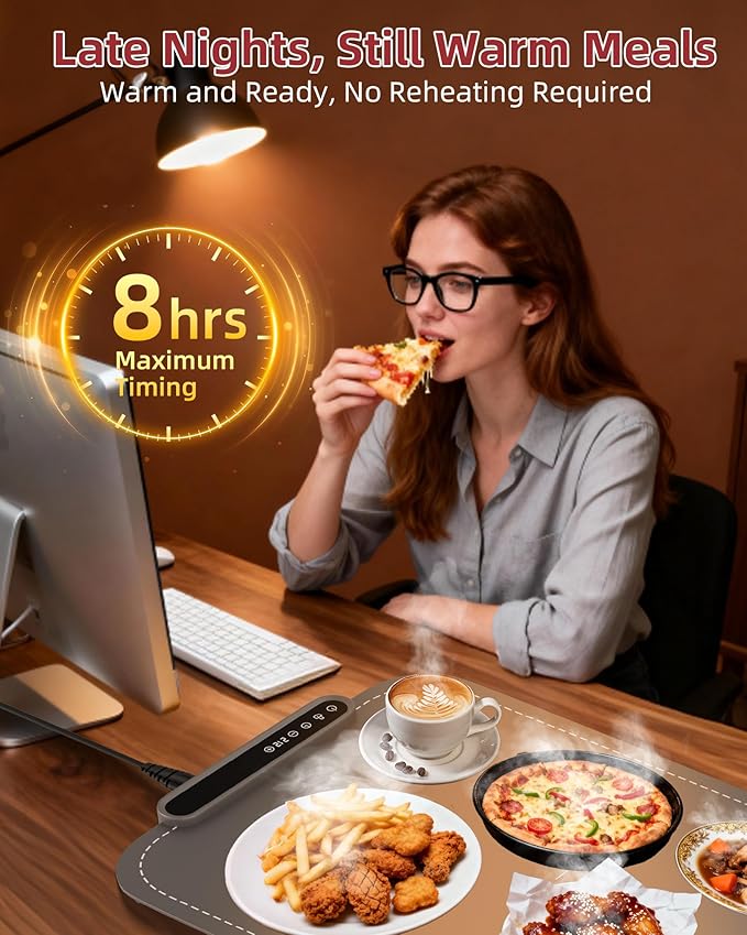 Warming Mat for Food, Upgraded Fast-Heating Electric Warming Tray with 7 Temp Levels & 8 Timers, Buffet Raised Feet & Rollable Silicone Heat Pad, Portable Food Warmer for Home, Party & Travel