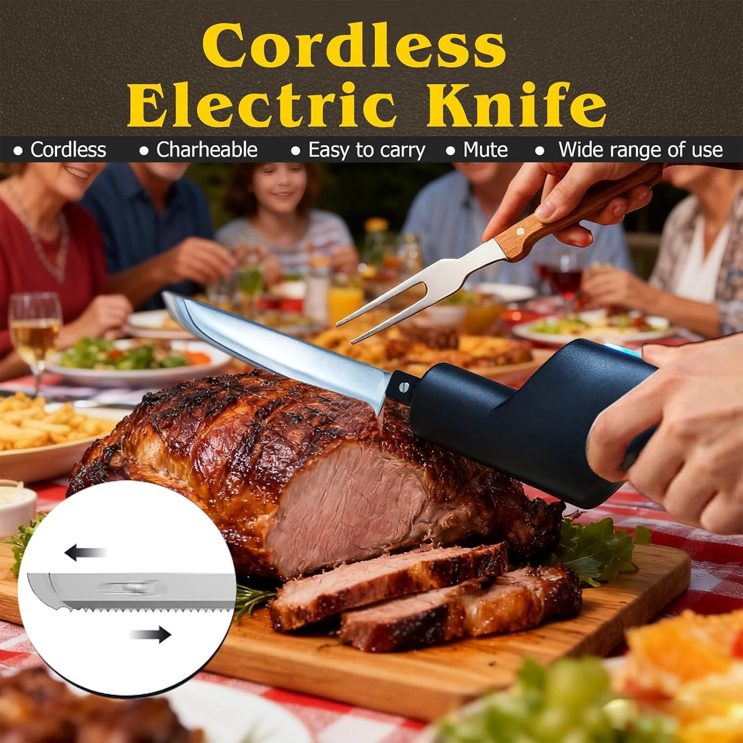 YOTAN Cordless Electric Knife, Electric Turkey Carver, Portable Rechargeable Lithium Electric Knife with Safety Lock, for Carving Meat, Turkey, Steak, Fish, Poultry, Bread, Vegetables, Handmade