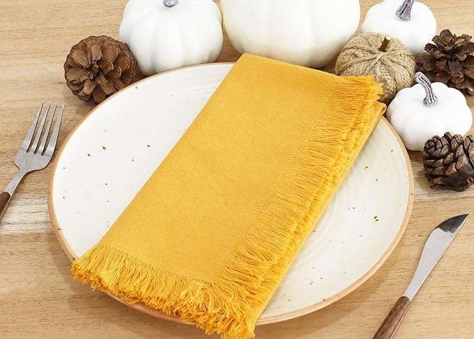 PurpleEssences Cloth Napkins with Fringes, 100% Cotton Christmas Holiday Winter Table Decor, Set of 6 18x18 Inch Reusable Dinner Napkins for Parties and Weddings - Golden Yellow
