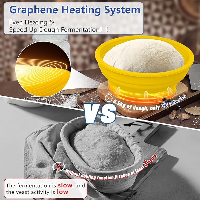 Electric Heating Bread Proofing Basket, Sourdough Starter Warmer - 4 Heat Settings, Foldable 9-Inch Sourdough Starter Kit, Silicone Banneton Basket-Multipurpose for Warming Pet Food, Yellow
