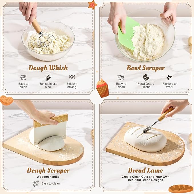 Sourdough Starter Kit, 33 Pcs Sourdough Bread Baking Supplies, 9 10 Inches Round&Oval Cotton Rope Banneton Bread Proofing Basket Set of 2, Beginner Friendly Bread Making Tools with Starter Jar