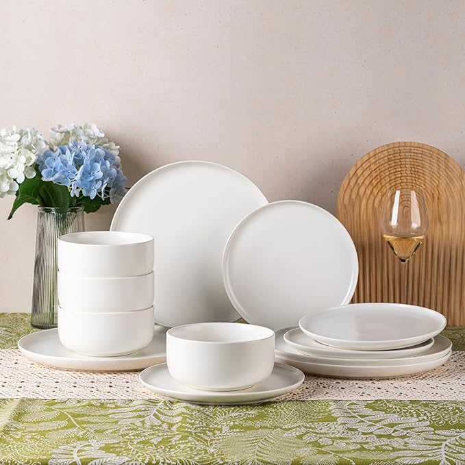 LERATIO Stoneware Dinnerware Sets for 4,Handcarft Ceramic Plates and Bowls Sets,Chip and Scratch Resistant Dishes, Dishwasher & Microwave Safe, Oven safe,Reactive Glaze-White