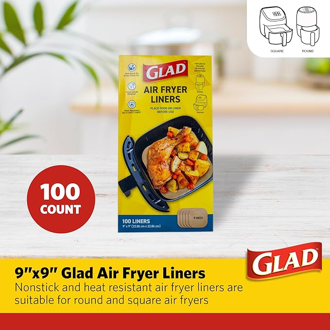 Glad Air Fryer Liners, Nonstick and Heat Resistant, Food Grade Material, Suitable for Round and Square Air Fryers, Air Fryer Accessories, 9” x 9” - 100 Count
