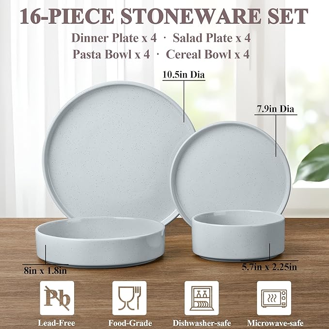 Herogo Stoneware Dinnerware Set with Salad Bowls, Kitchen Dinner Dish Set for 4, 16 Piece Plates and Cereal Pasta Bowls, Chip & Scratch Resistant Dishware, Speckled Light Gray