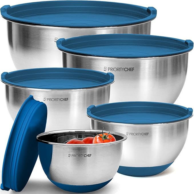 Priority Chef Premium Mixing Bowls With Airtight Lids Set, Thicker Stainless Steel Mixing Bowl Set, Large Prep Metal Bowls with Lids, Nesting Bowls for Kitchen, 1.5/2/3/4/5 Qrt, Blue