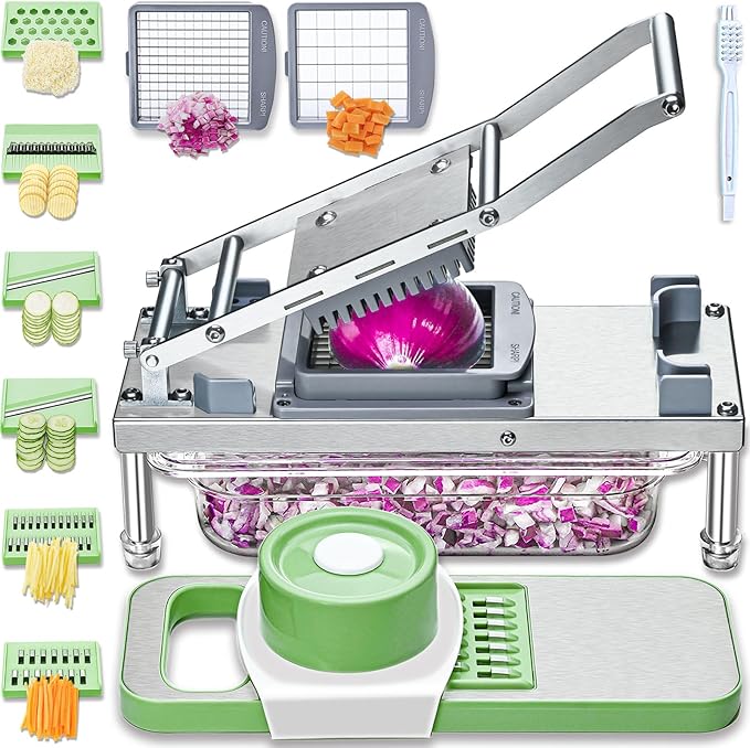 All-in-1 Vegetable Chopper with 8 Blades - Mandoline Slicer-Pro Food Chopper with Container - Veggie Salad Onion Chopper - Potato Dicer French Fry Cutter - Cheese Grater - Stainless Steel material