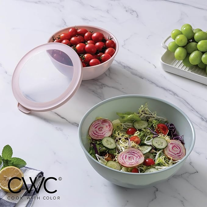 COOK WITH COLOR Mixing Bowls with TPR Lids - 12 Piece Plastic Nesting Bowls Set includes 6 Prep Bowls and 6 Lids, Microwave Safe (Teal)