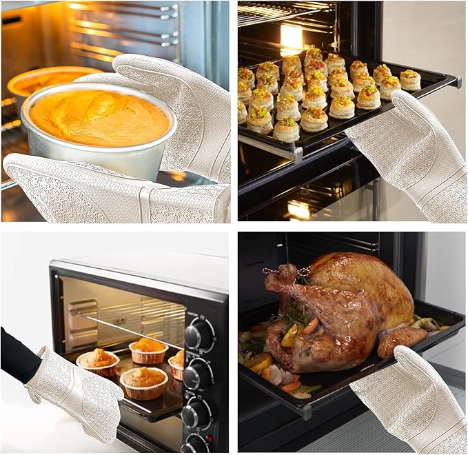 Hovico Silicone Oven Mitts, Heat Resistant 500F Kitchen Mitts 2PCS, 11.6" BPA-Free Soft Baking Gloves, Non-Slip Grip Oven Gloves with Soft Cotton Lining for Kitchen Cooking Baking BBQ - Milkshake