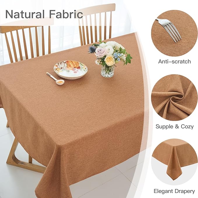 maxmill Fall Rectangle Tablecloth Waterproof Spillproof Wrinkle Resistant Washable Decorative Fabric Linen Textured Dining Table Cloth for Harvest Thanksgiving Dinner Parties, 52 x 84 Inch, Amber