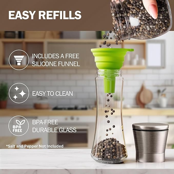 Home EC Original Gun Metal Bronze Salt and Pepper Grinder Set of 2 - Adjustable Ceramic Grinder - Tall Glass Salt and Pepper Shakers With Funnel and Ebook - Spice Mill - Bronze Kitchen Accessories