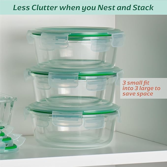Fusion Gourmet Round Glass Storage Containers with Lids [6 pack] Microwave Safe, Leak-proof, Dishwasher Safe, Oven Safe for Meal Prep Tupperware Set (3 Large + 3 Small, Green)