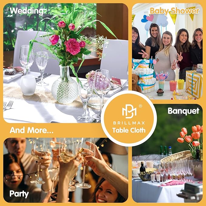 BRILLMAX 10 Pack White Tablecloths for 6 Foot Rectangle Tables 60 x 102 Inch - 6ft Rectangular Bulk Linen Polyester Fabric Washable Cloth Cover for Wedding Reception Banquet Birthday Party