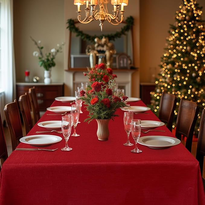 Fitable Faux Linen Christmas Tablecloths 2 Pack, Burlap Textured Fabric Rectangle Table Cloth, Elegant Decorative Table Covers for Winter Holiday Dinner Party Farmhouse (Red, 54 x 78 Inch)