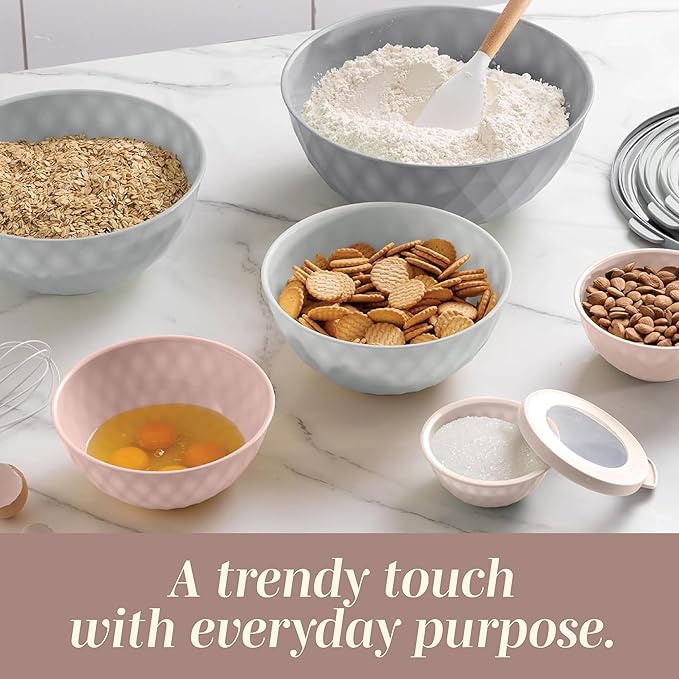 COOK WITH COLOR Mixing Bowls with Lids - 12 Piece Plastic Nesting Bowls Set includes 6 Prep Bowls and 6 Lids, Diamond Design - Microwave Safe, Pink and Grey